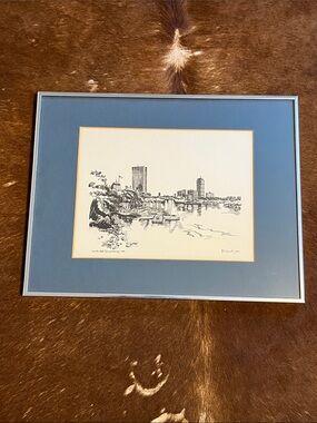 Framed Waterfront Sketch with Blue Mat